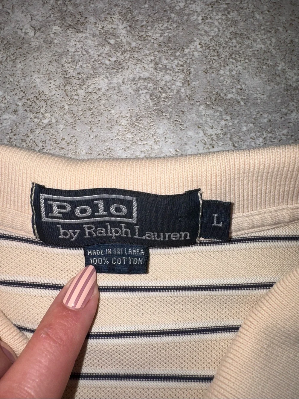 Polo by Ralph Lauren Men’s L Classic Fit Beige/Blue Striped Polo Pocket Logo